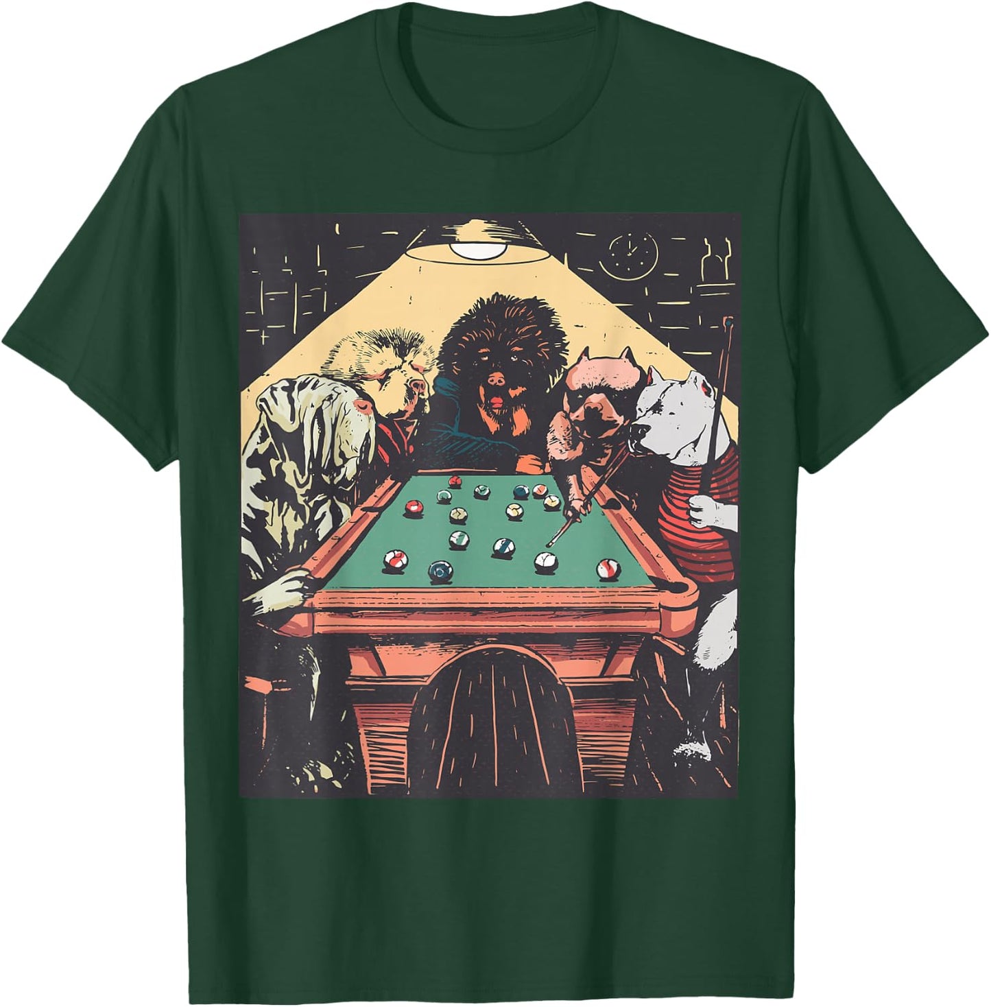 Game Night Time Dogs on Billiards Pool Table Shooting 8 Ball T-Shirt - T-Shirt | Forest