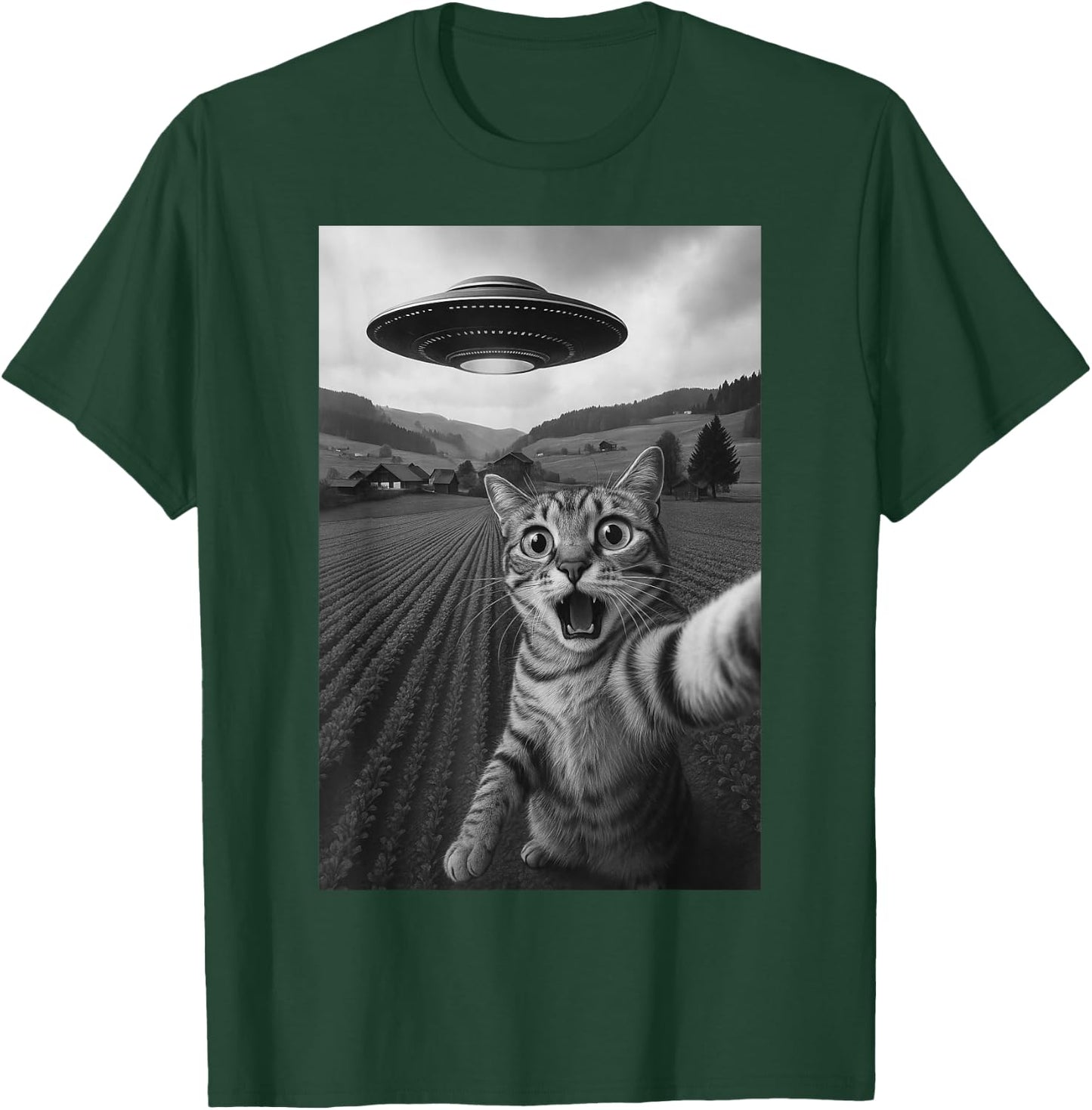 Cat Selfie With Alien UFO Funny Cat For Boys Men Women Kids T-Shirt - T-Shirt | Forest