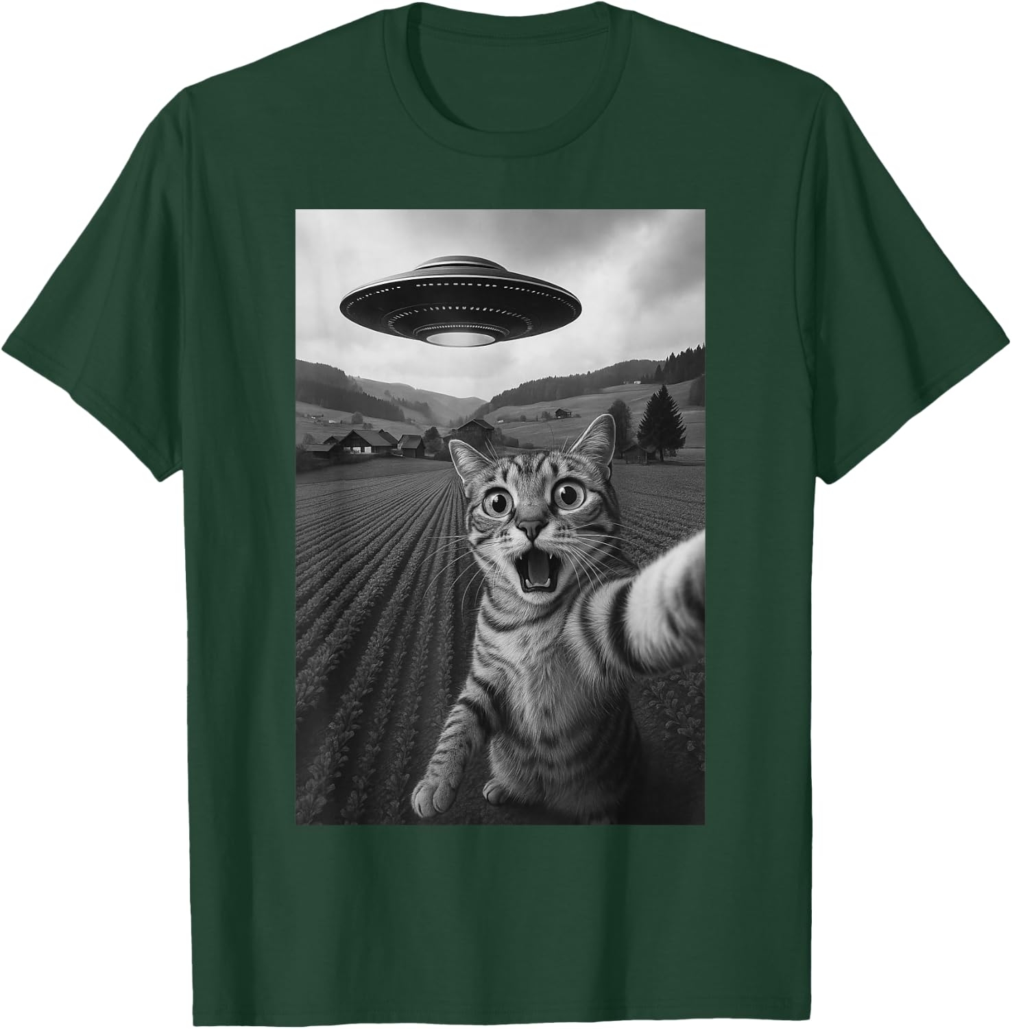 Cat Selfie With Alien UFO Funny Cat For Boys Men Women Kids T-Shirt - T-Shirt | Forest