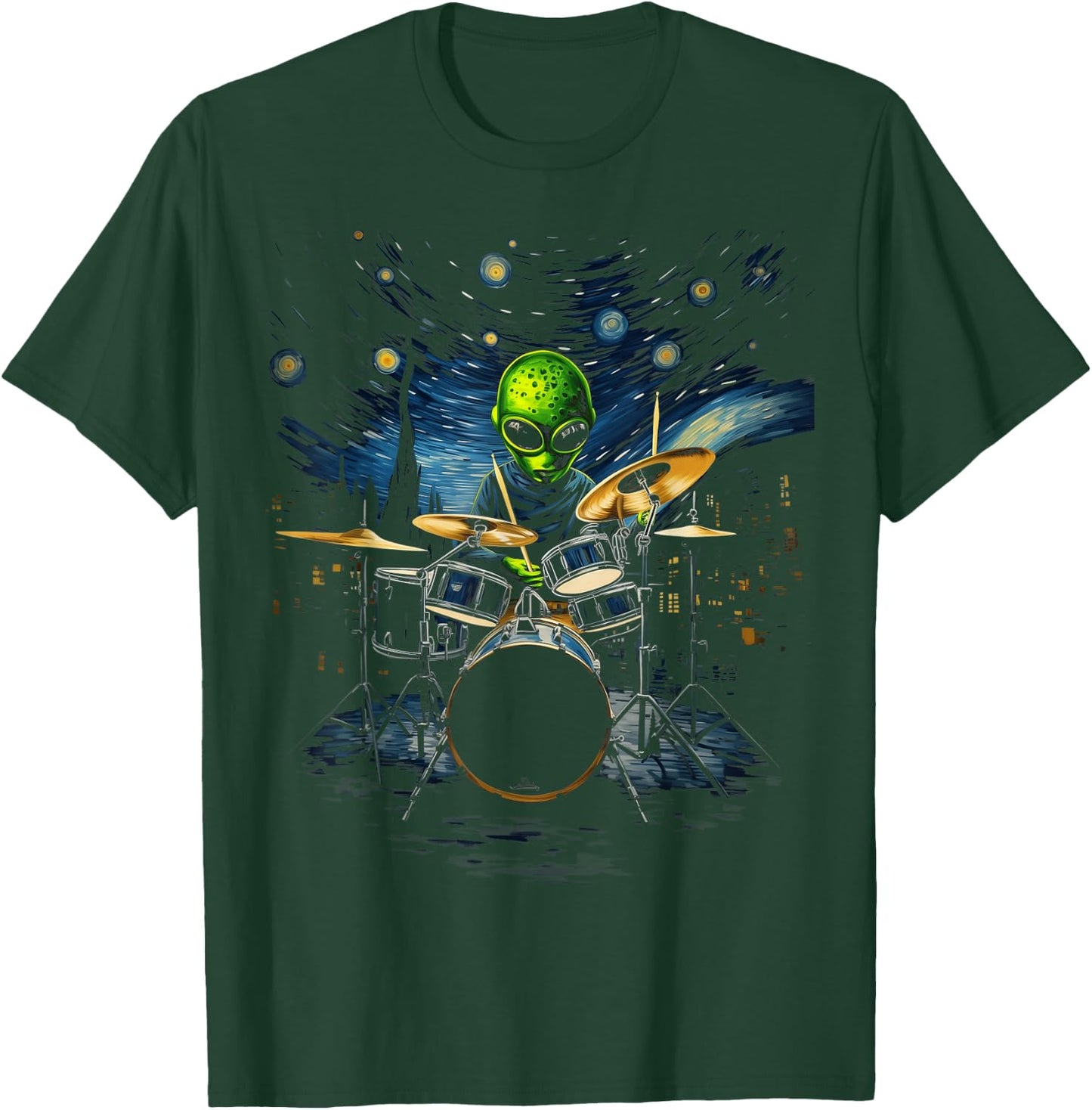 Van Gogh Alien Percussionist Drum Kit Playing Drum , Black, S T-Shirt - T-Shirt | Forest