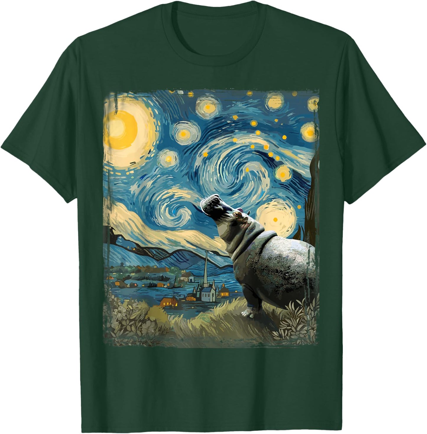 Hippo Starry Night Art Parody Funny Surreal Hippopotamus T-Shirt - T-Shirt | Forest