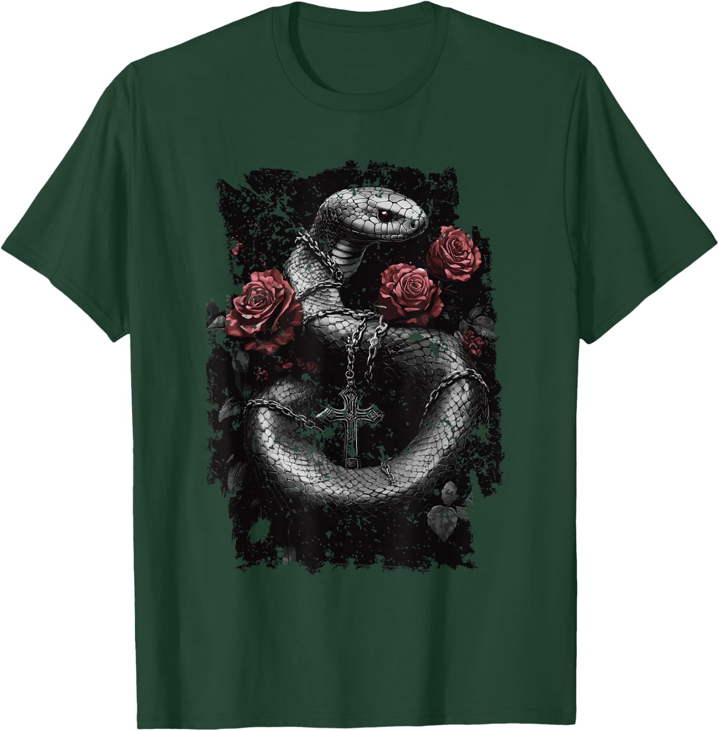 Snake with Roses and Cross - Gothic Snake T-Shirt - T-Shirt | Forest