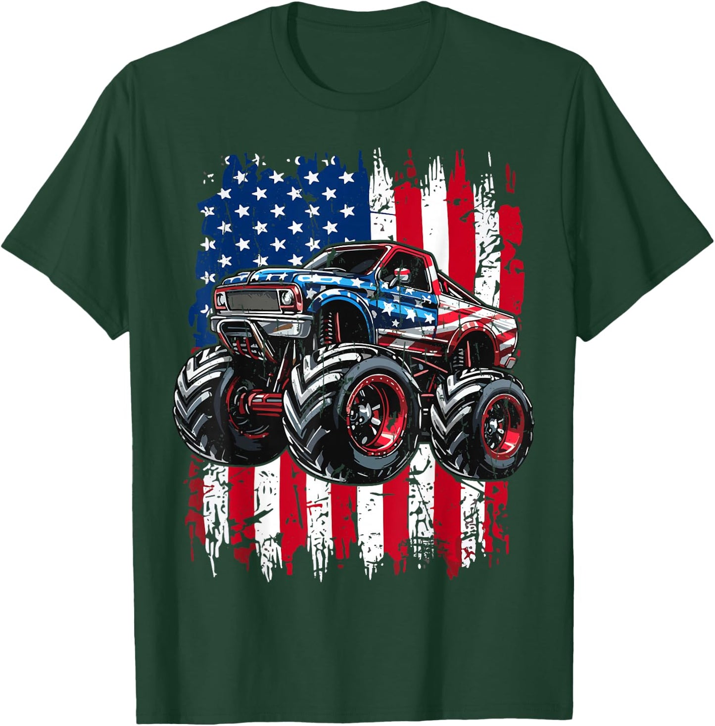 Monster Truck USA Flag American T-Shirt - T-Shirt | Forest