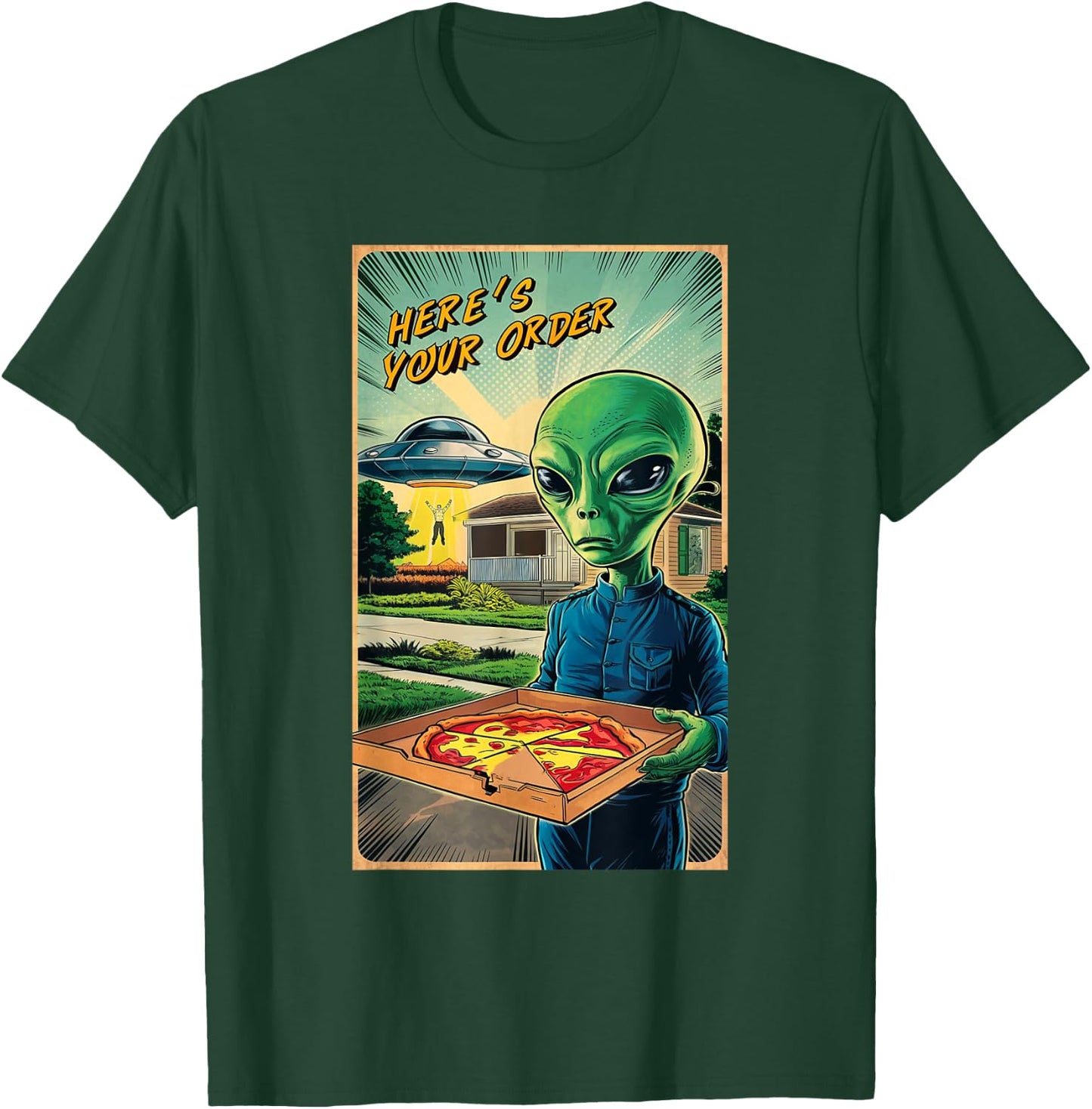 Funny Alien Delivery Pizza UFO Alien Eating Pizza T-Shirt - T-Shirt | Forest