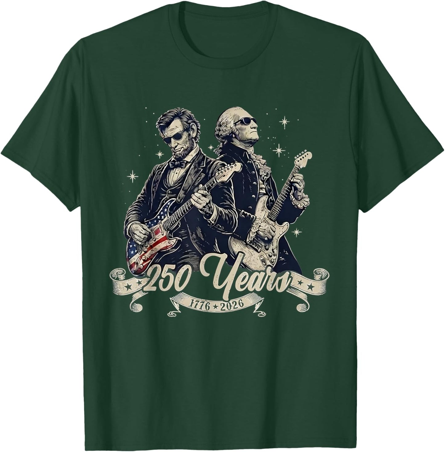 Patriotic 250th George Washington Abe Lincoln Playing Guitar T-Shirt - T-Shirt | Forest