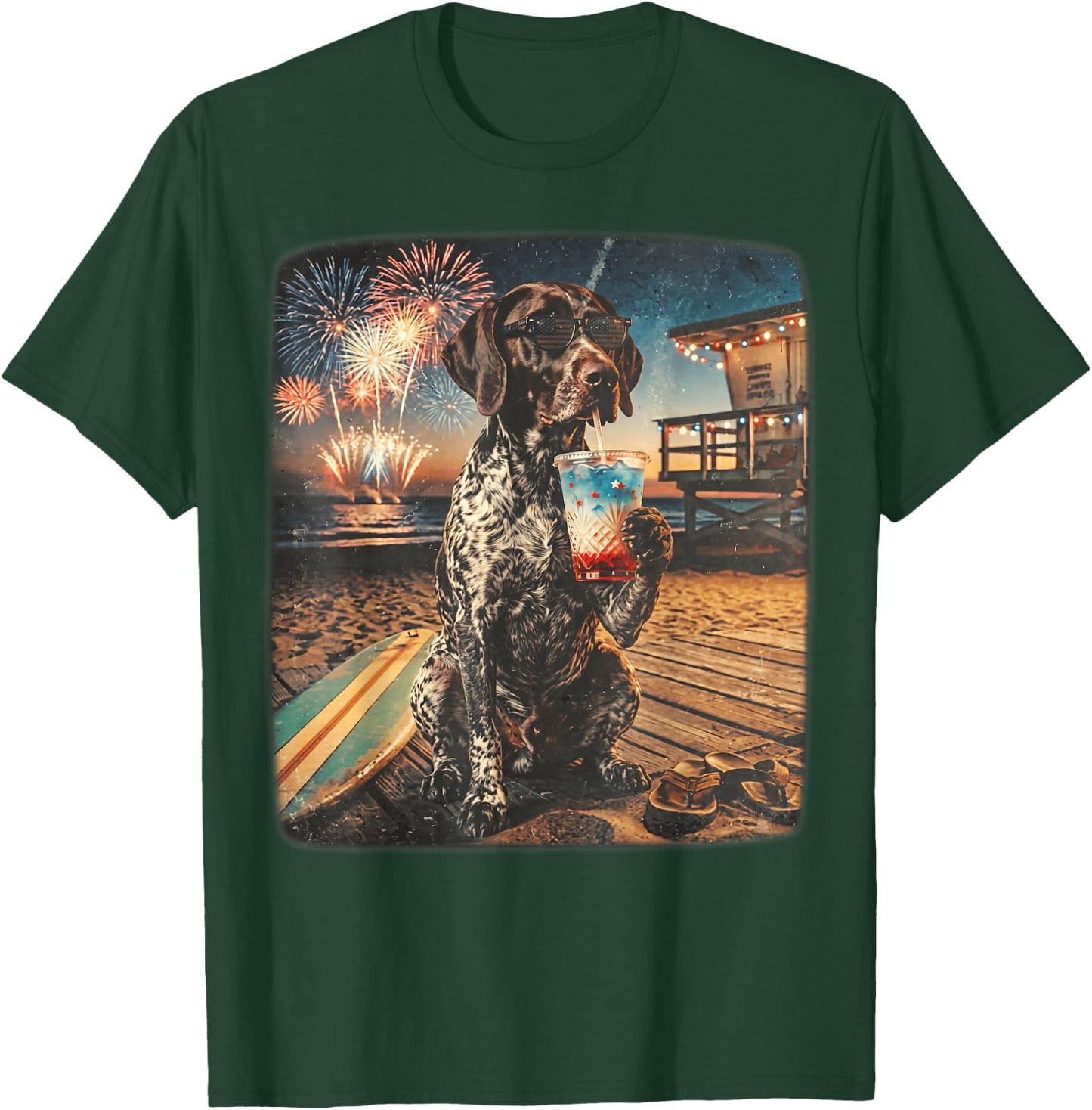 German Shorthaired Pointer Patriotic Beach Fireworks Dog Art T-Shirt - T-Shirt | Forest