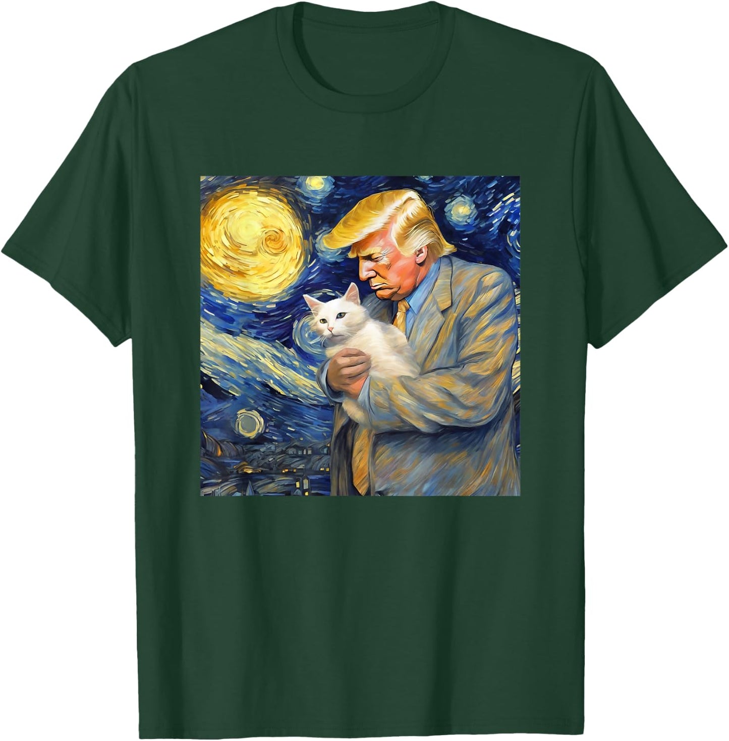Starry Night Painting with Cat and Donald Trump Van Gogh T-Shirt - T-Shirt | Forest