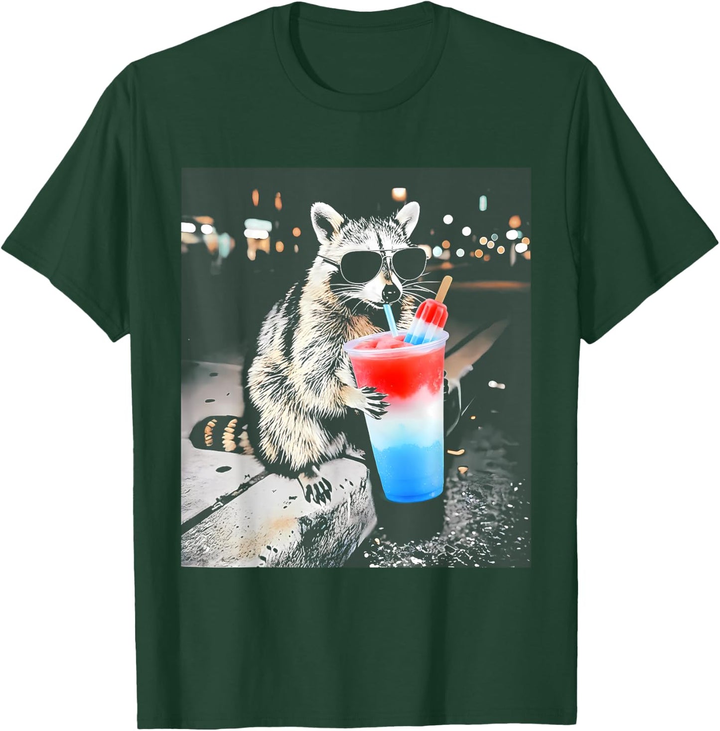 Funny Raccoon Drinking Red White Blue Popsicle Meme US Flag T-Shirt - T-Shirt | Forest