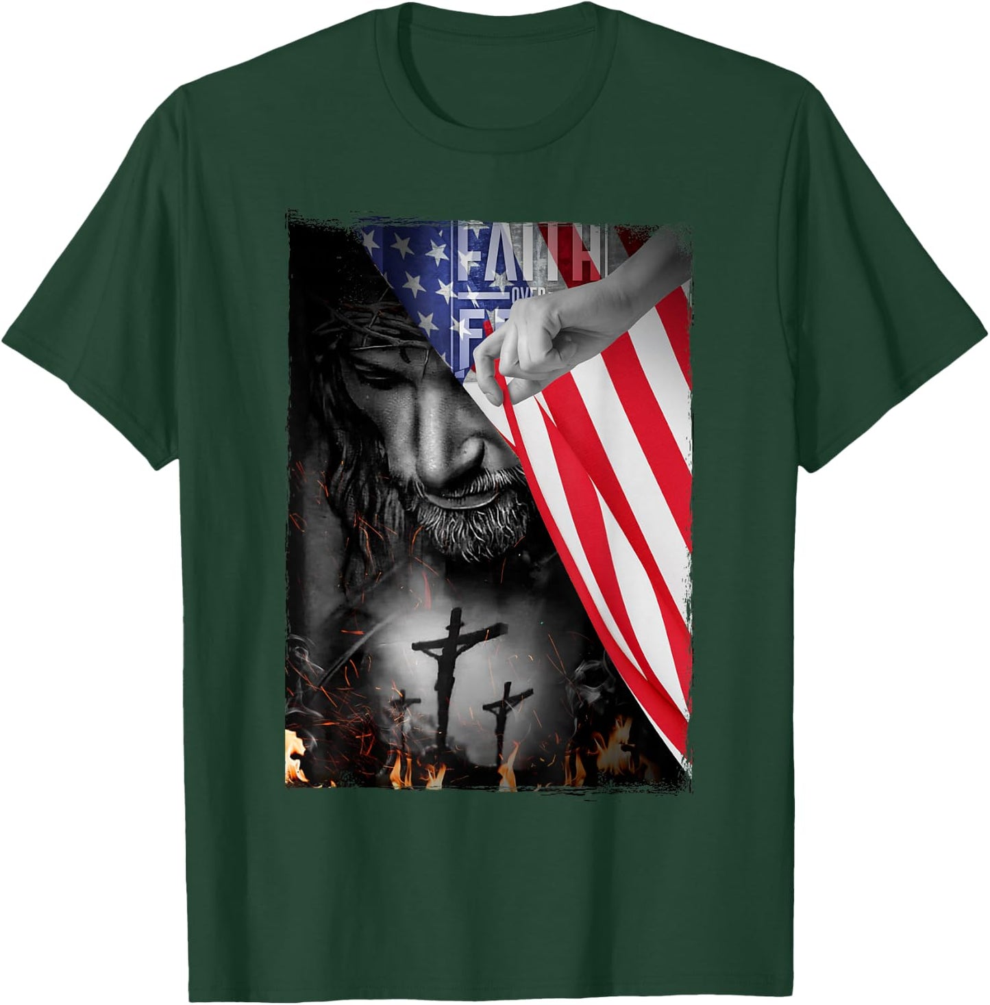 Faith Over Fear, Jesus American Flag Patriot Christian Gift T-Shirt - T-Shirt | Forest