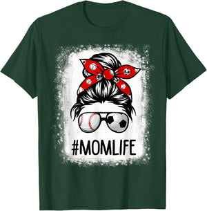 Bleached Mom Life Soccer Messy Bun Baseball Game Day T-Shirt - T-Shirt | Forest
