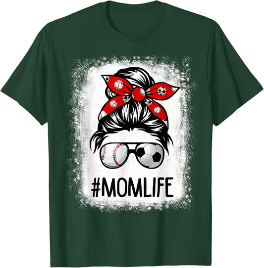 Bleached Mom Life Soccer Messy Bun Baseball Game Day T-Shirt - T-Shirt | Forest