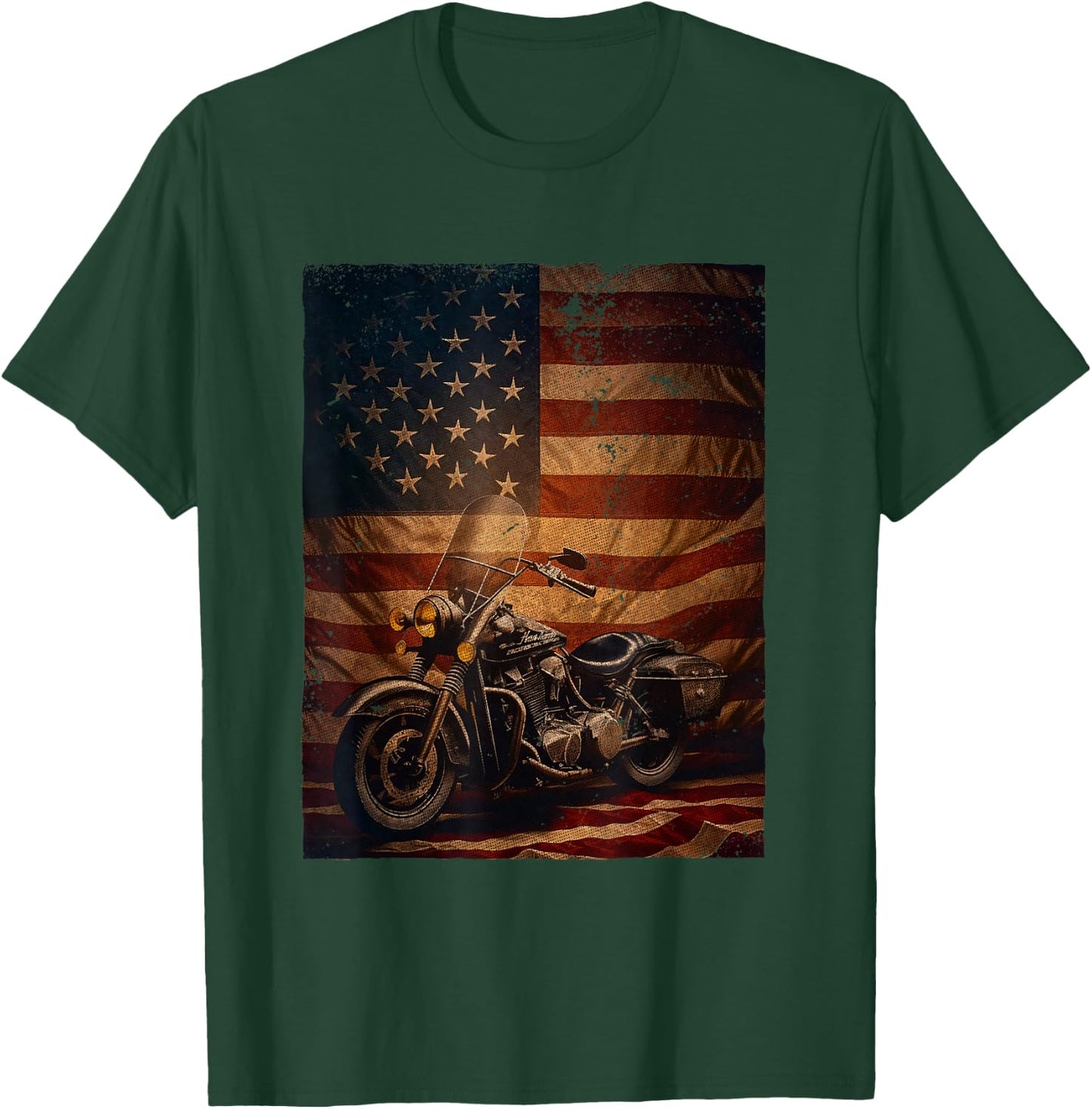 Motorcycle Adventure American Flag Motor Bike T-Shirt - T-Shirt | Forest