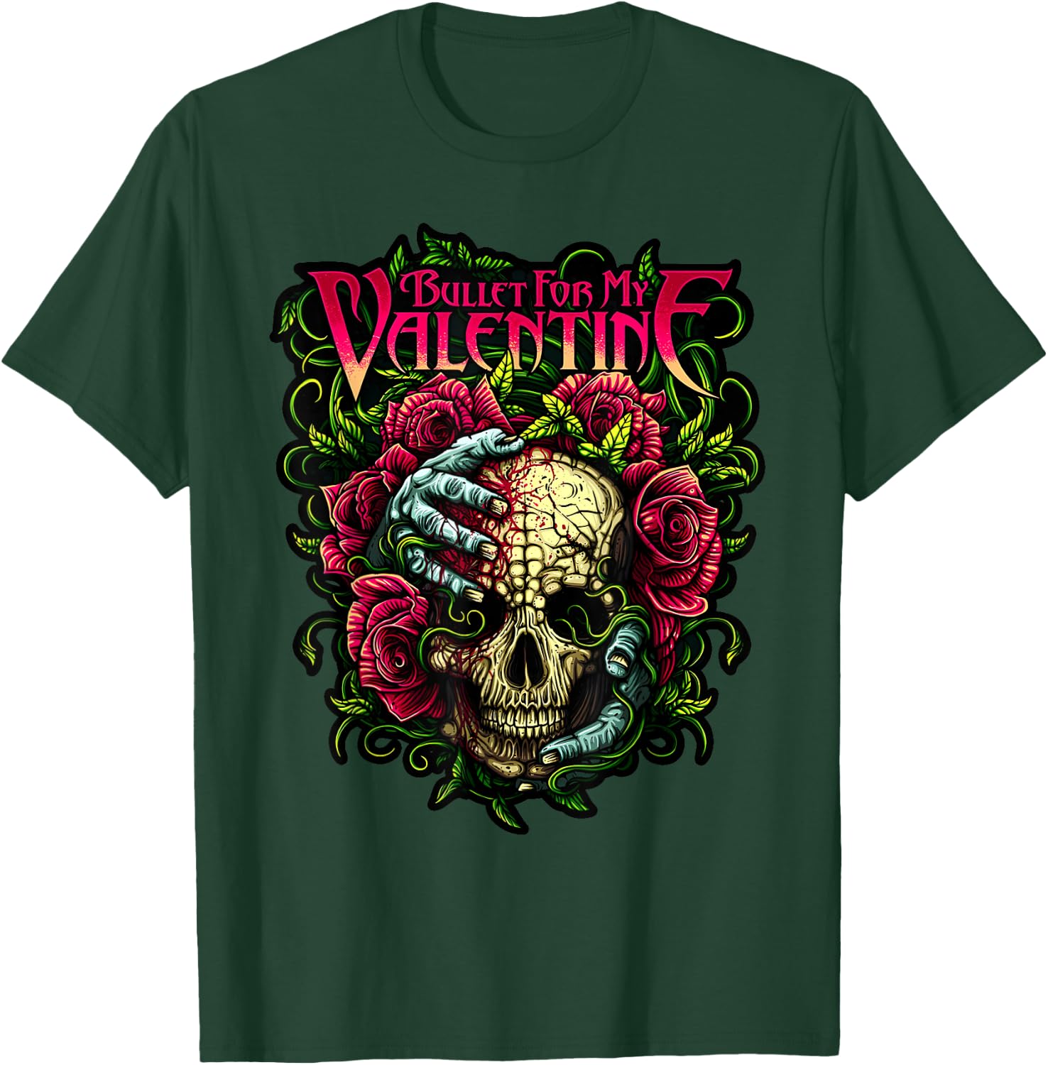 Funny Bullet My Valentine Horror with Skull, Roses and Red Blood T-Shirt - T-Shirt | Forest