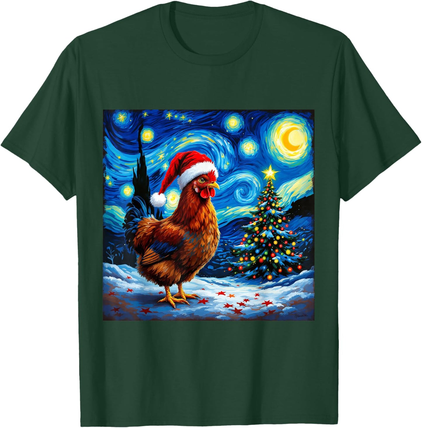 Christmas Chicken Santa Hat Van Gogh Starry Night Holiday T-Shirt - T-Shirt | Forest