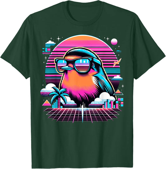 Cool Bird 80s Retrowave 90s Vaporwave American Robin Bird T-Shirt - T-Shirt | Forest