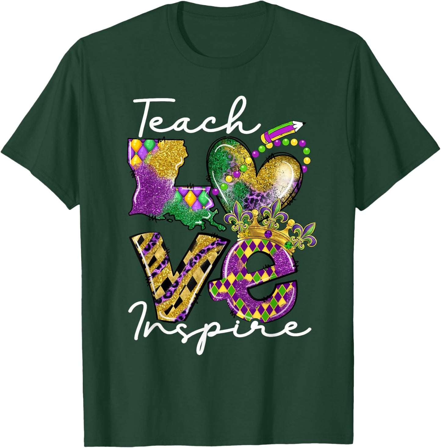 Teacher Mardi Gras Teach Love Inspire Carnival Beads Leopard T-Shirt - T-Shirt | Forest
