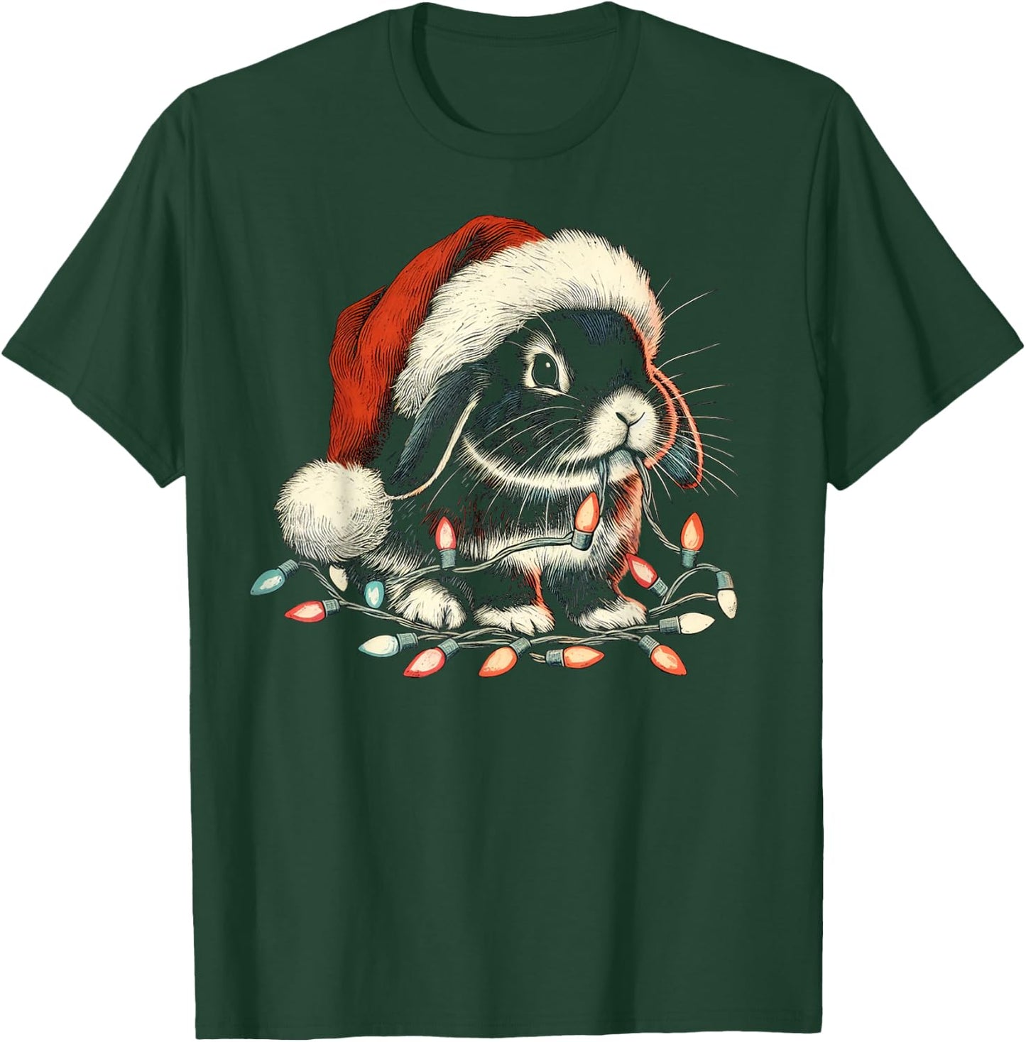 Holland Lop Rabbit Bunny Chew Christmas Light Xmas Holiday T-Shirt - T-Shirt | Forest