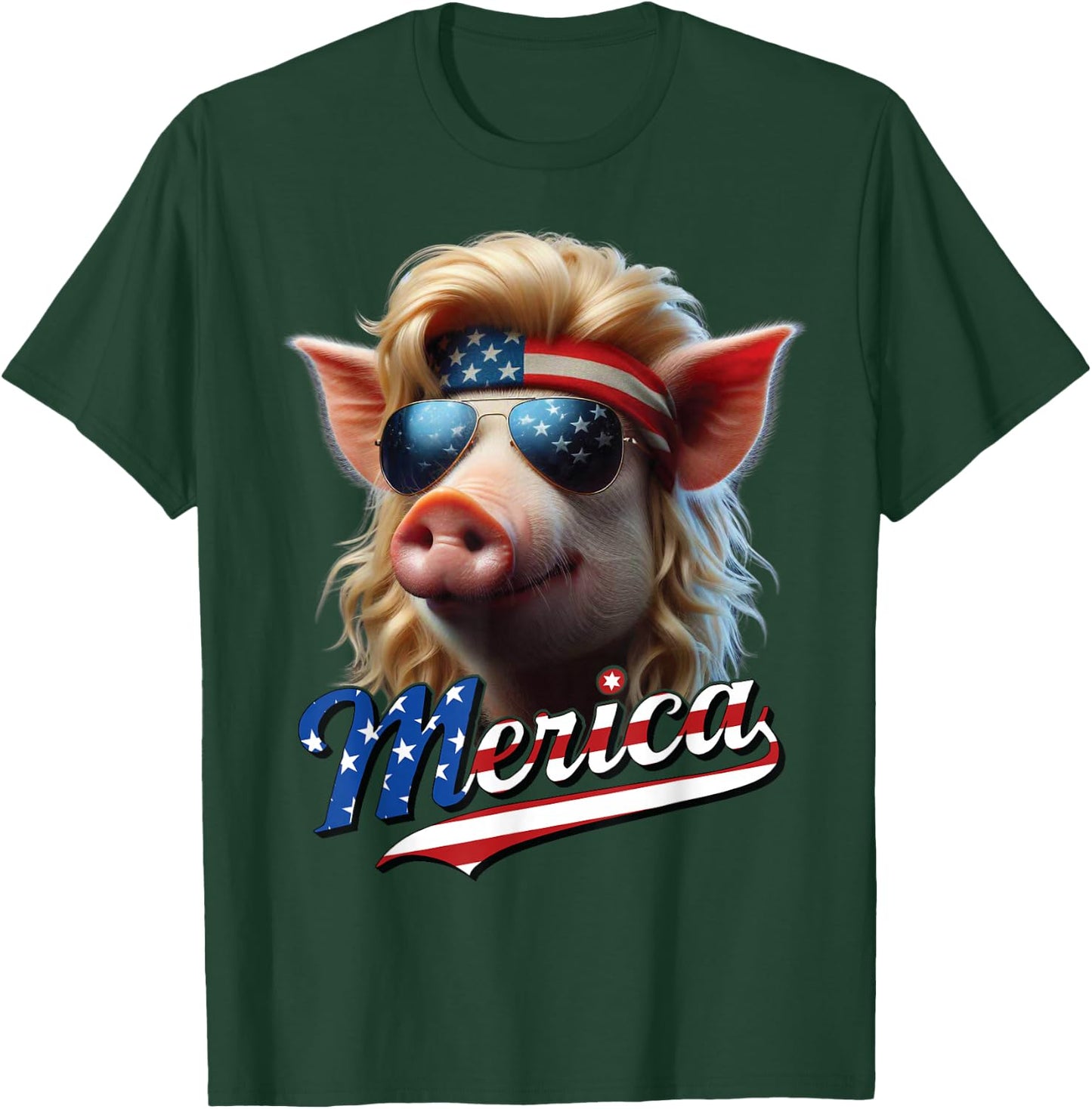 Pig Merica Blonde Mullet Wig USA Flag Funny T-Shirt - T-Shirt | Forest