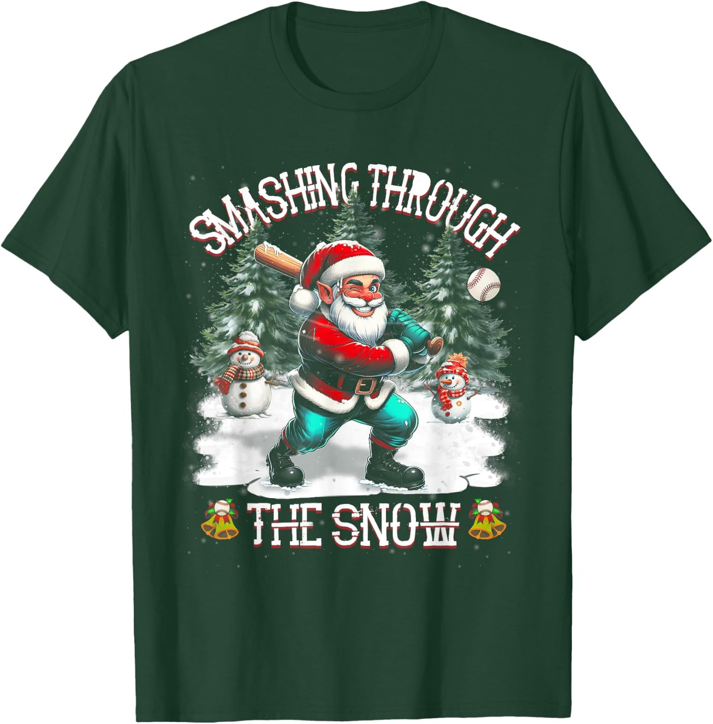 Baseball Player Christmas Santa Smashing Through Snow T-Shirt - T-Shirt | Forest