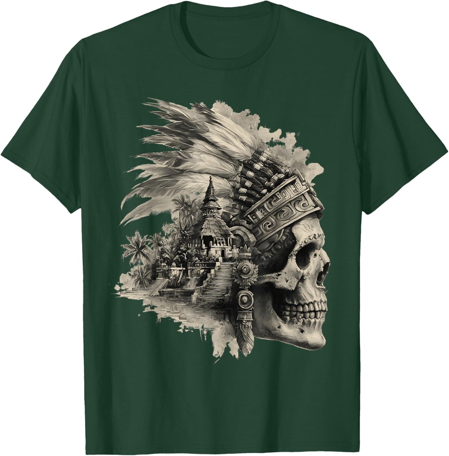 Feather Aztec Skull Maya Mexican Maya Indigenous Aztec T-Shirt - T-Shirt | Forest