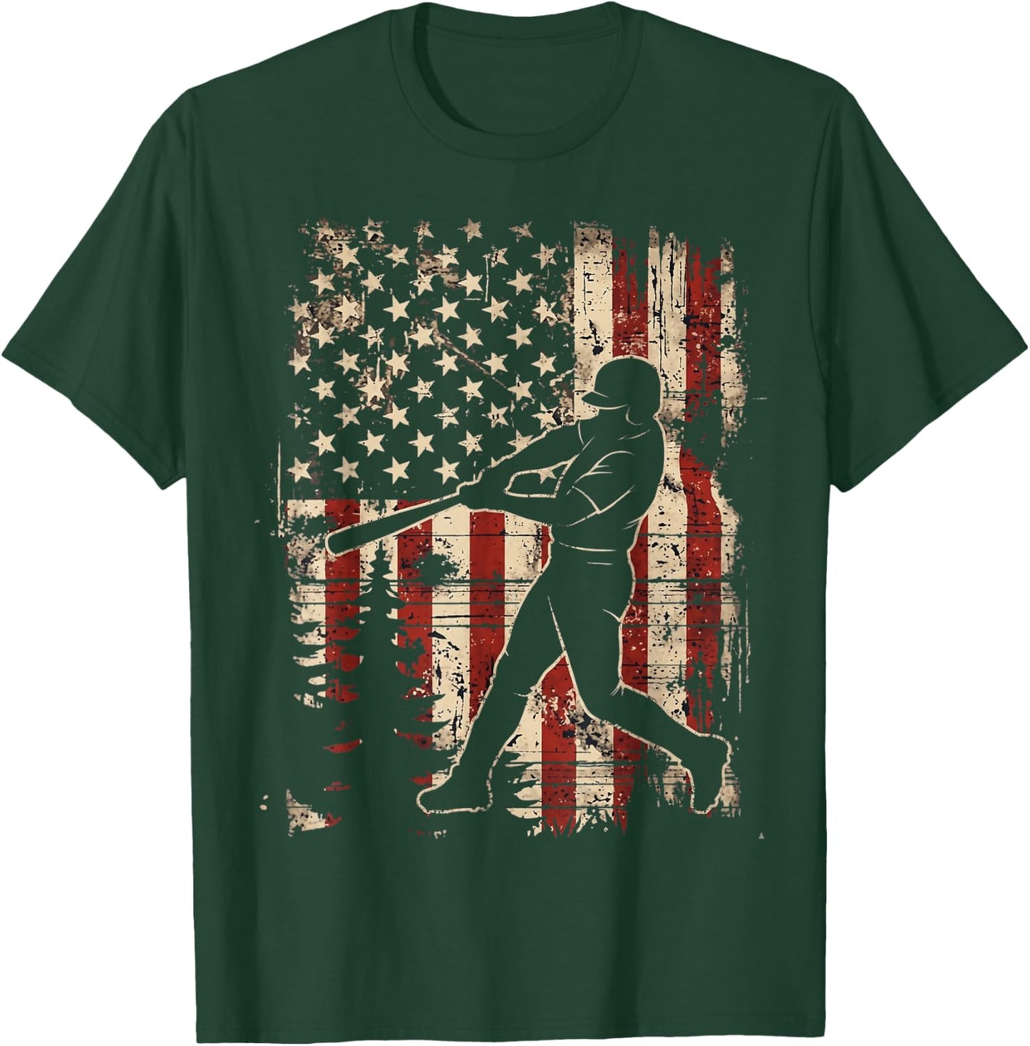 American Flag Baseball Player Patriotic Men Women Kids T-Shirt - T-Shirt | Forest