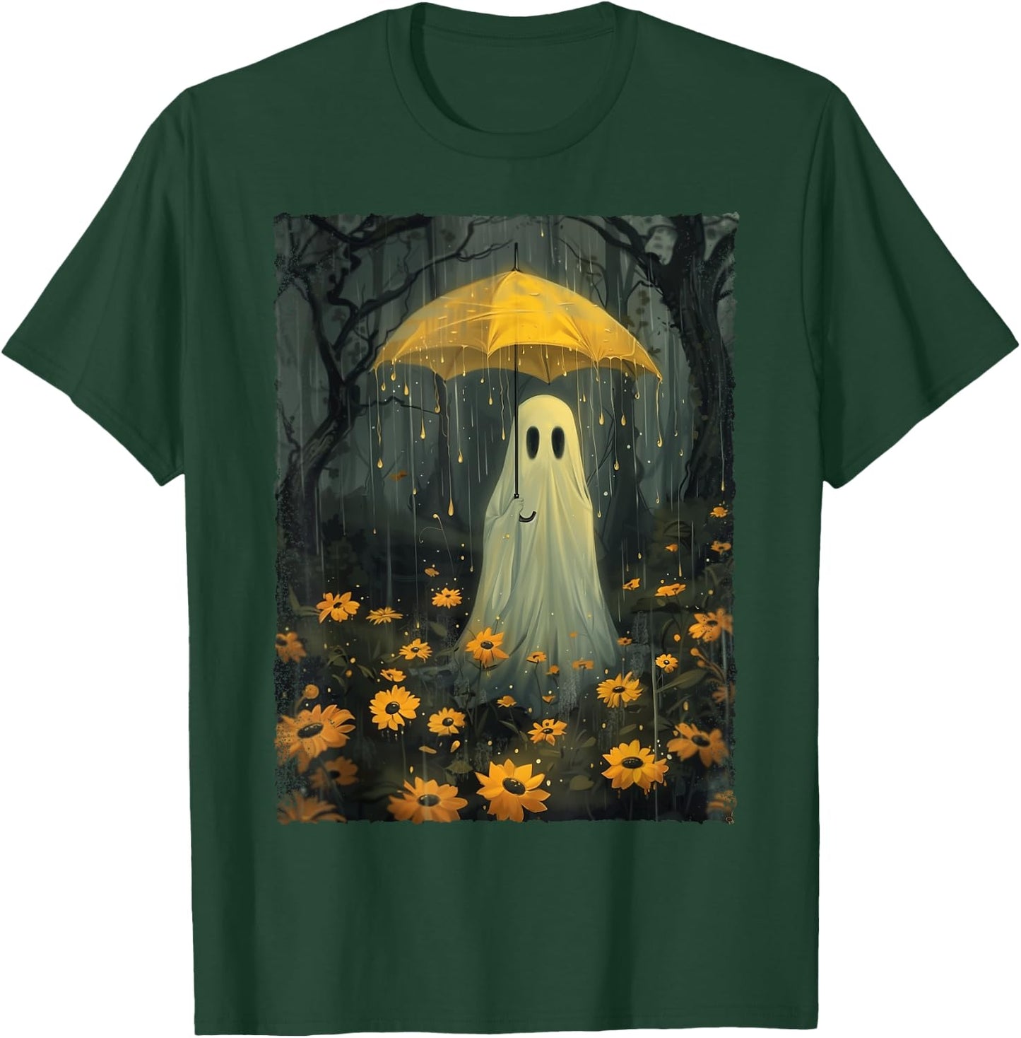 Ghost Holding Umbrella In The Rain Forest Gothic Whimsical T-Shirt - T-Shirt | Forest
