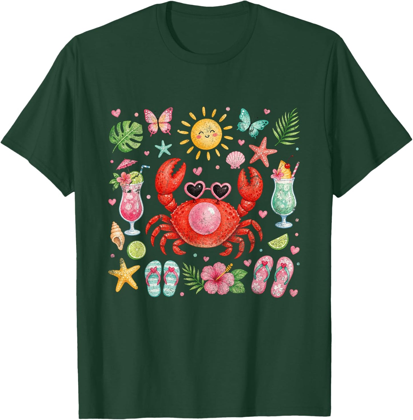 Crab Blowing Bubble Summer Vibes Coastal Beach Girls' Trip T-Shirt - T-Shirt | Forest