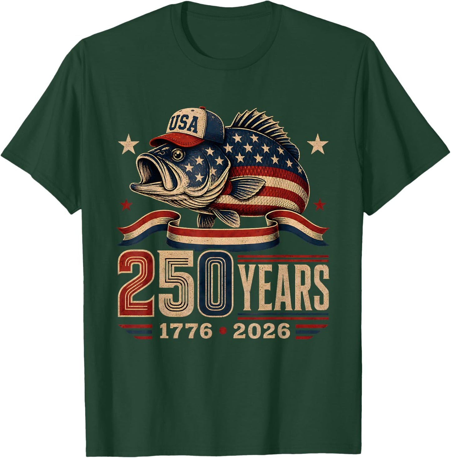 250 Years 1776-2026 Bass Fishing 250th Anniversary 4th July T-Shirt - T-Shirt | Forest