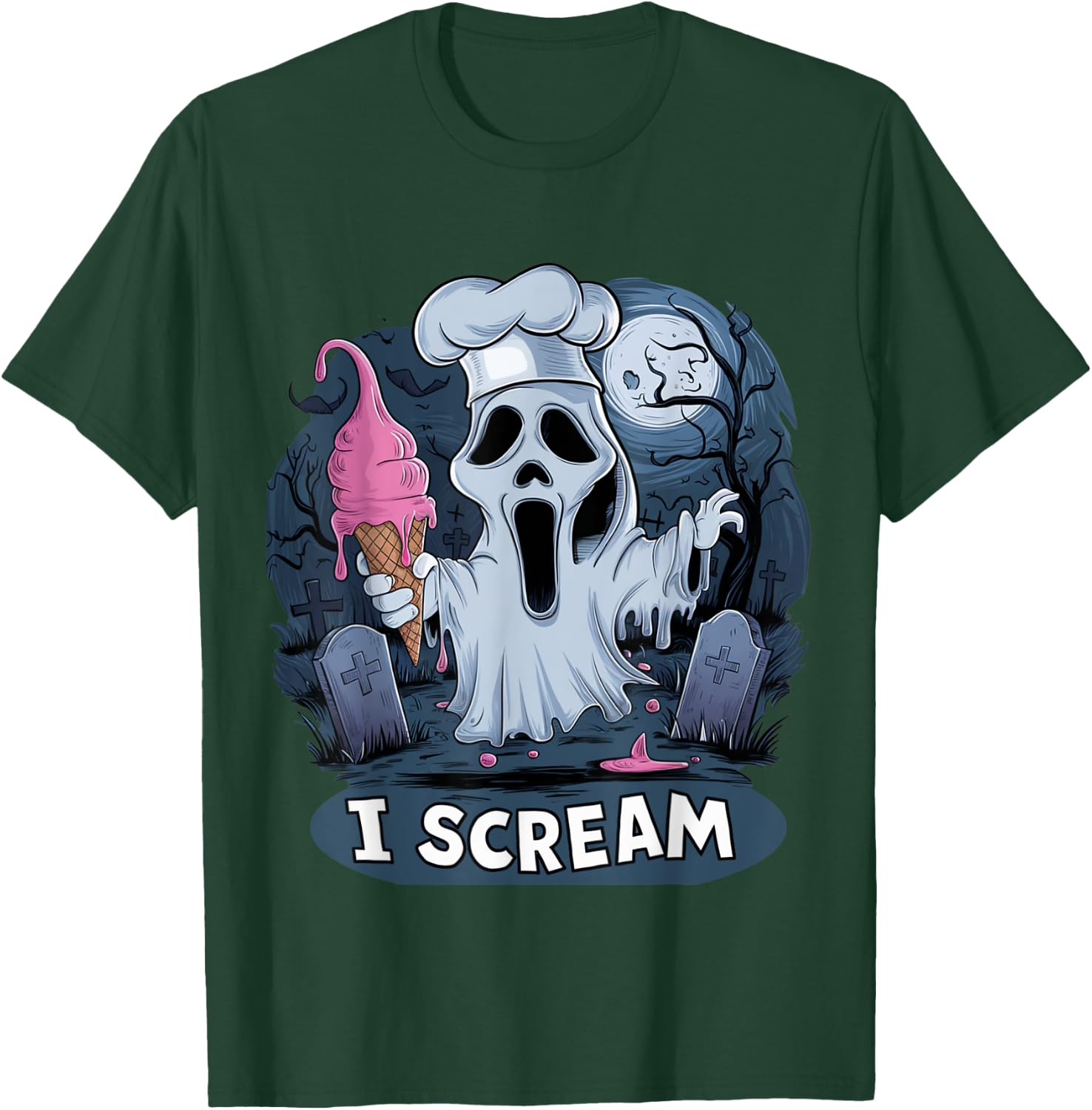 I Scream Ghost with Ice Cream Cone Funny Halloween Cemetery , Black, S T-Shirt - T-Shirt | Forest
