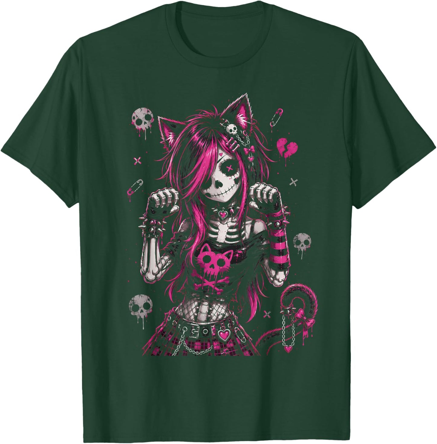 Emo Skeleton Cat Girl Pink Goth Aesthetic Rock Design T-Shirt - T-Shirt | Forest