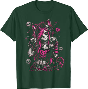 Emo Skeleton Cat Girl Pink Goth Aesthetic Rock Design T-Shirt - T-Shirt | Forest