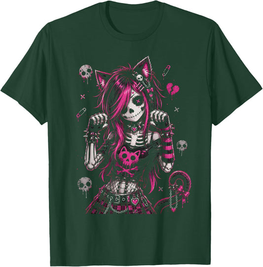 Emo Skeleton Cat Girl Pink Goth Aesthetic Rock Design T-Shirt - T-Shirt | Forest