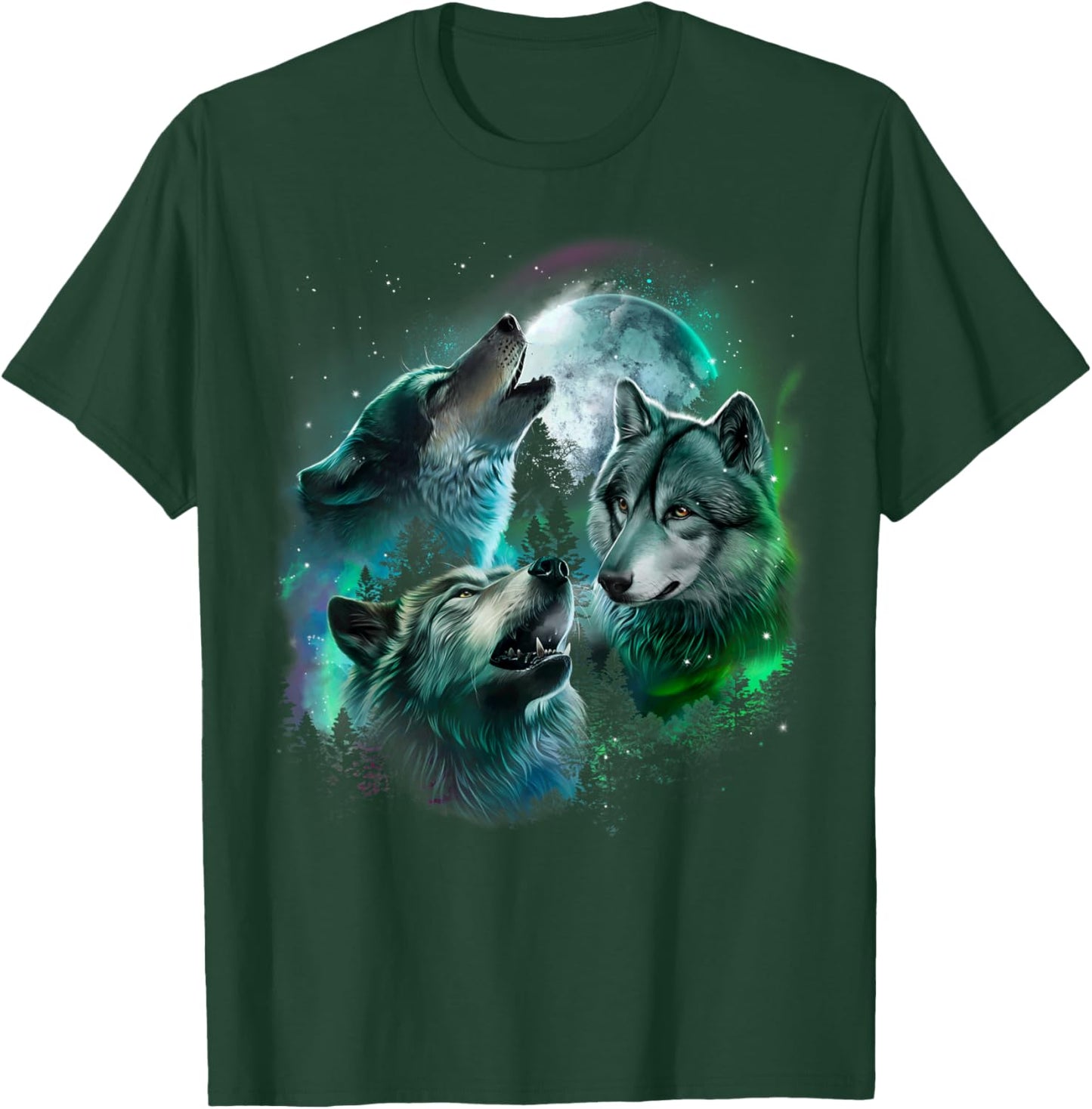 Grey Wolf Hunting in the Forest under Full Moon and Aurora T-Shirt - T-Shirt | Forest