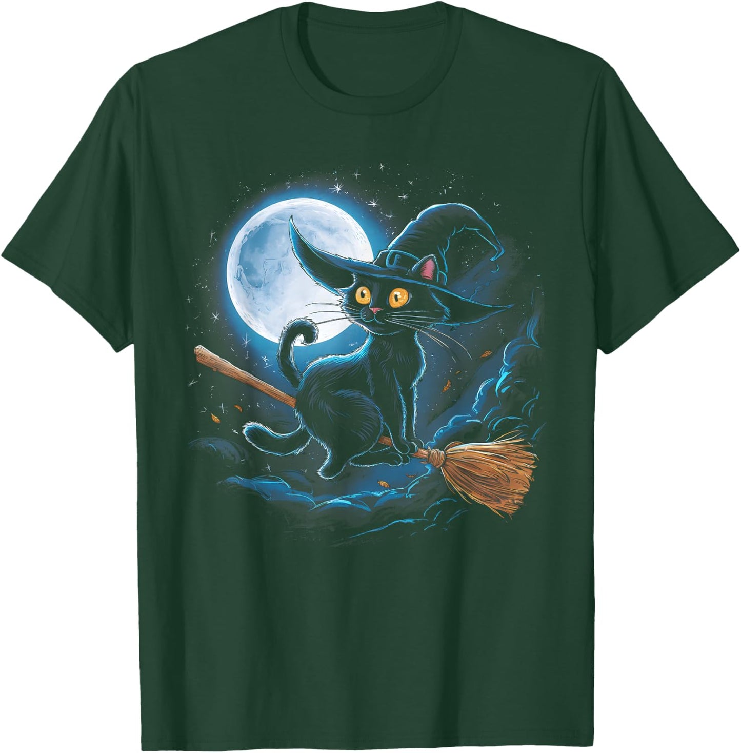 Witchy Black Cat on a Broomstick with Full Moon Halloween Women Kids T-Shirt - T-Shirt | Forest