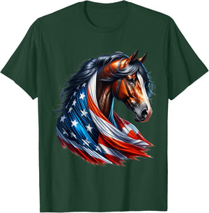 American Flag Horses US Patriotic Equestrian American Love T-Shirt - T-Shirt | Forest