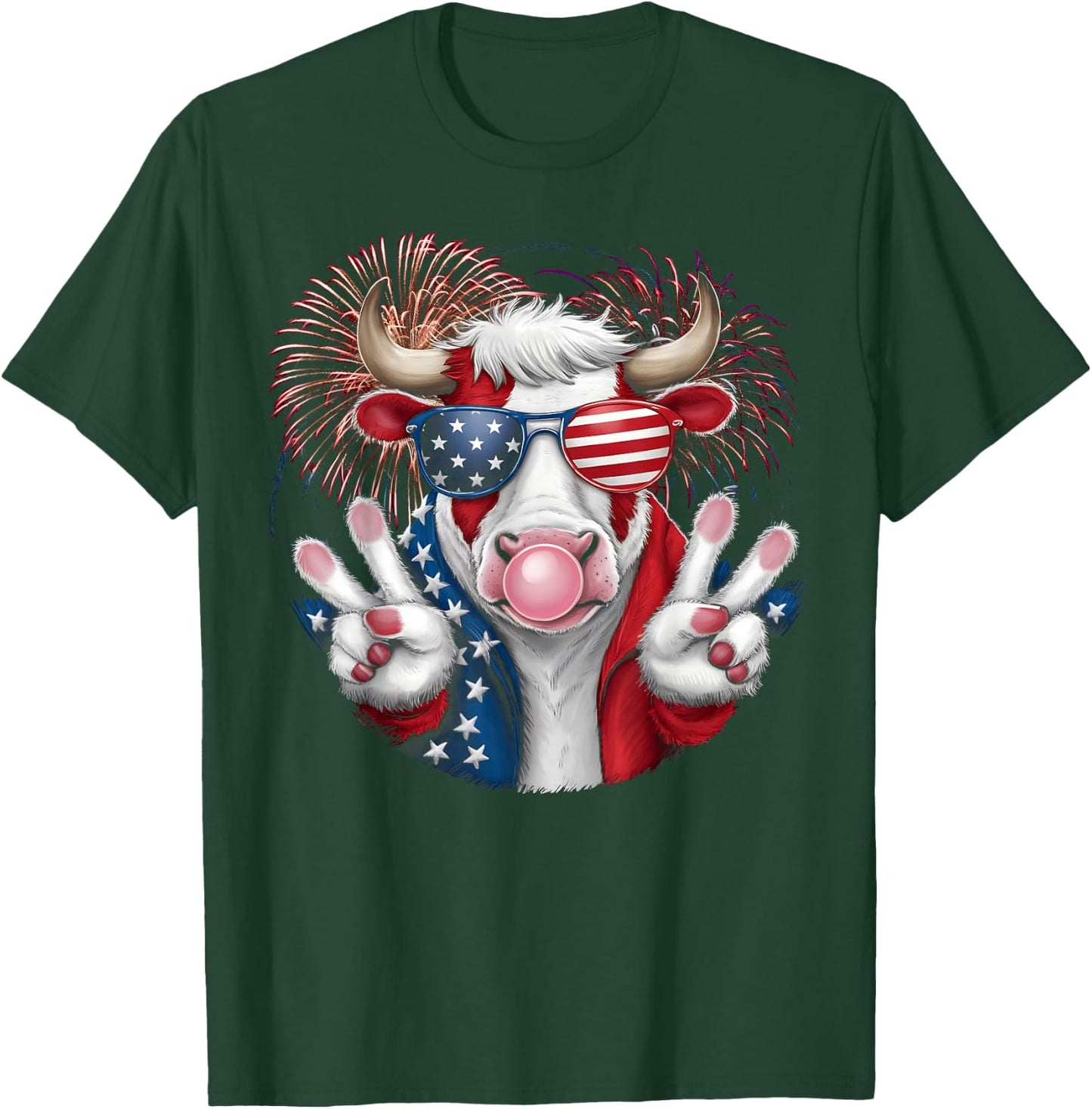 Fourth of July Firework Bull cow Patriotic American Flag T-Shirt - T-Shirt | Forest