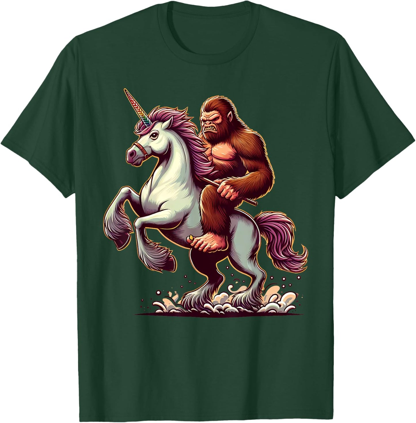 Bigfoot Riding Unicorn, Funny Sasquatch T-Shirt - T-Shirt | Forest