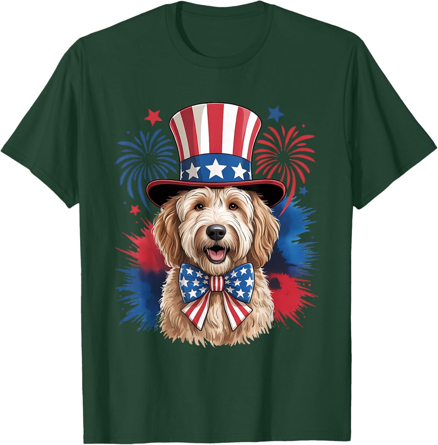 Cute Goldendoodle Dog 4th of July USA Patriotic Hat and Bow T-Shirt - T-Shirt | Forest