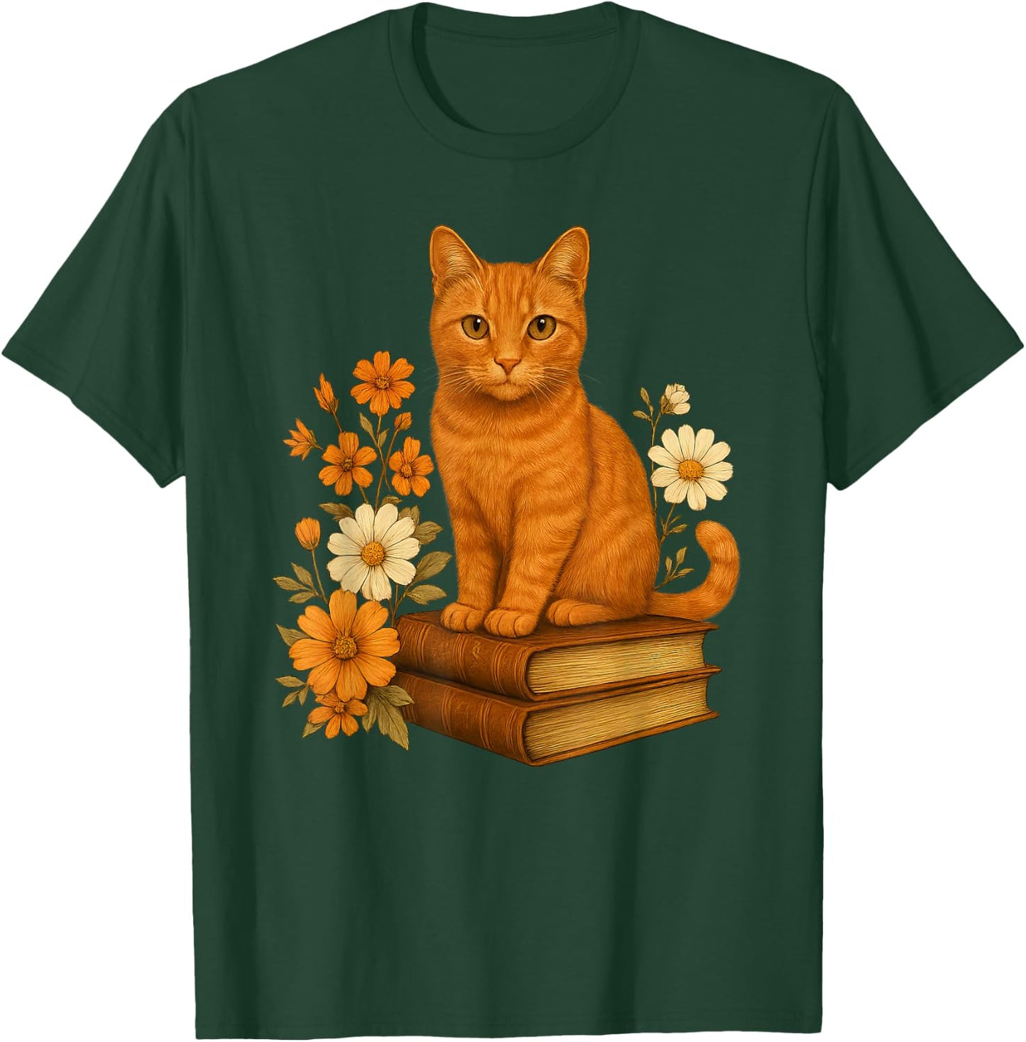 Cute Orange Cat Book Flowers T-Shirt - T-Shirt | Forest