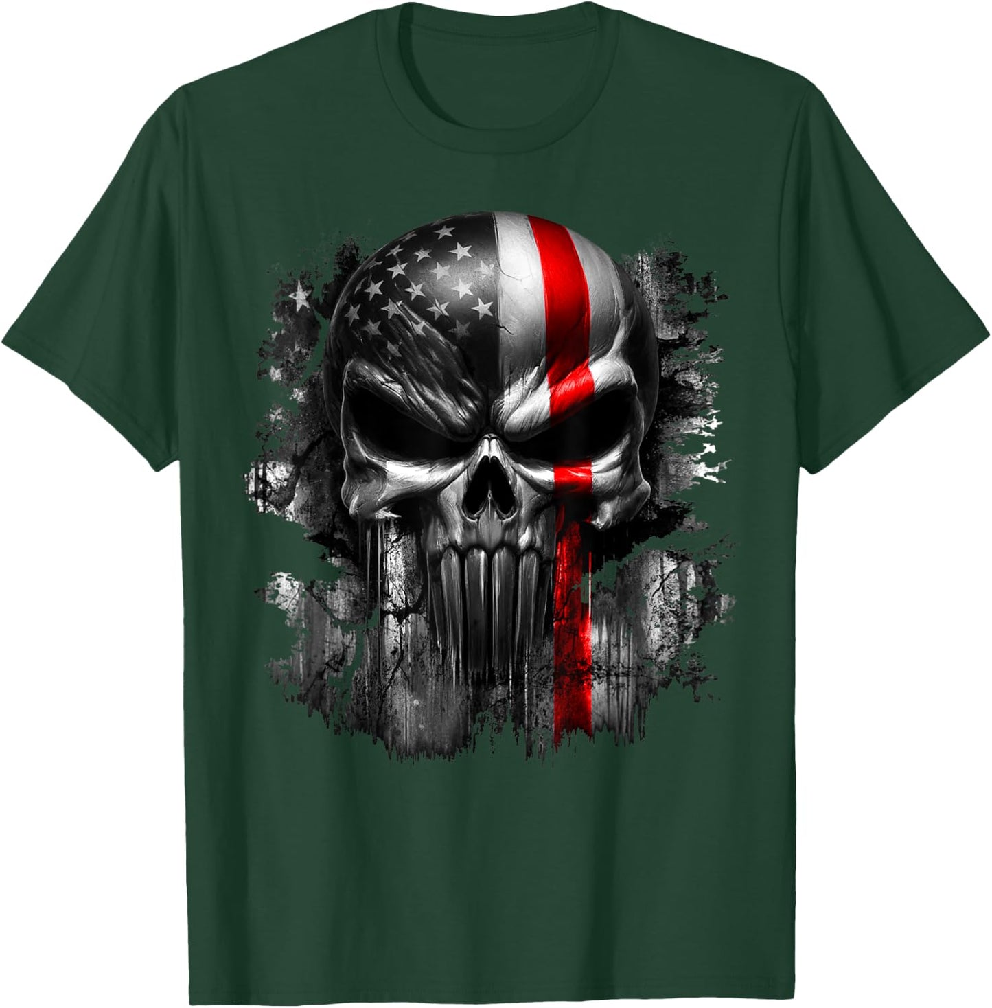 USA American Skull Patriotic Flag Red Line Grunge Graphic T-Shirt - T-Shirt | Forest
