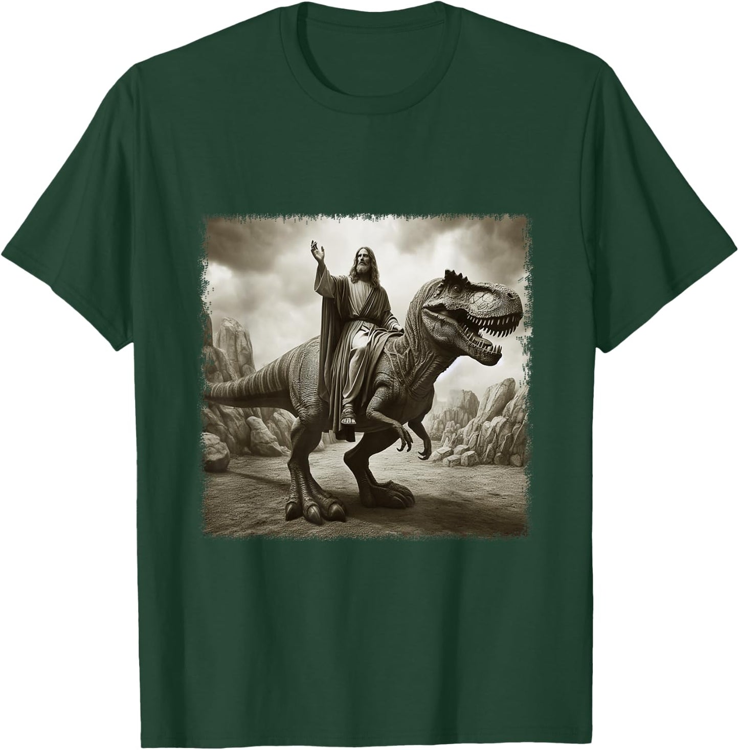 Vintage Jesus Riding T Rex Dinosaur Believers Christian T-Shirt - T-Shirt | Forest