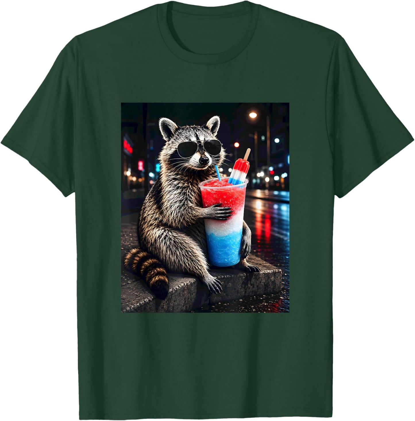 4th of July Raccoon Drinking Iced Cocktail Funny Animal Meme T-Shirt - T-Shirt | Forest