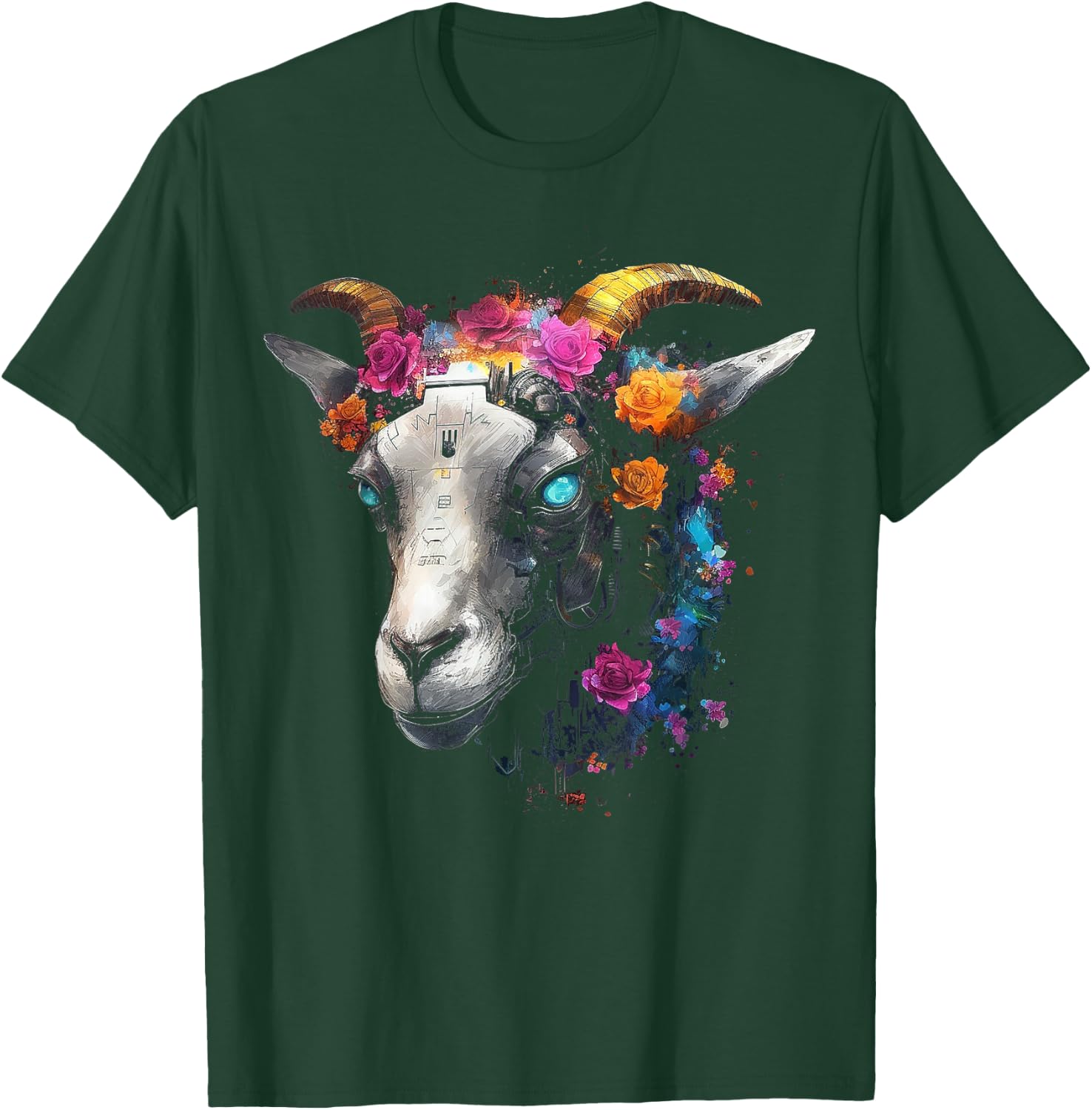 Goat Fantasy Blue Eyes - Artwork | Animal Motif Goat T-Shirt - T-Shirt | Forest