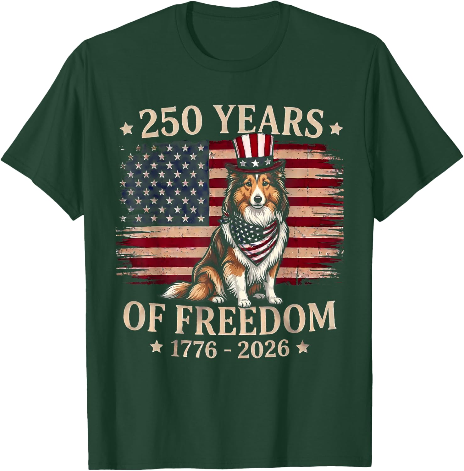 Shetland Sheepdog Dog 250 Years of Freedom USA Flag 4th July T-Shirt - T-Shirt | Forest