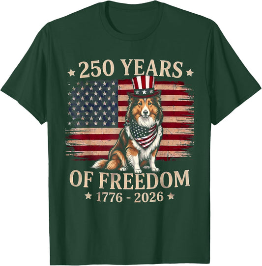 Shetland Sheepdog Dog 250 Years of Freedom USA Flag 4th July T-Shirt - T-Shirt | Forest