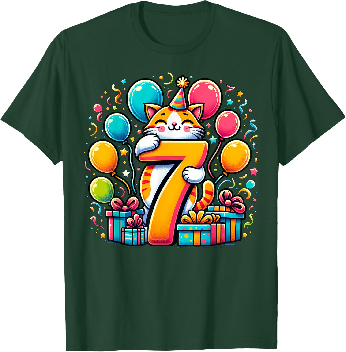 Cat 7th Birthday Boy Girl 7 Years Old Seventh Seven Cat , black T-Shirt - T-Shirt | Forest