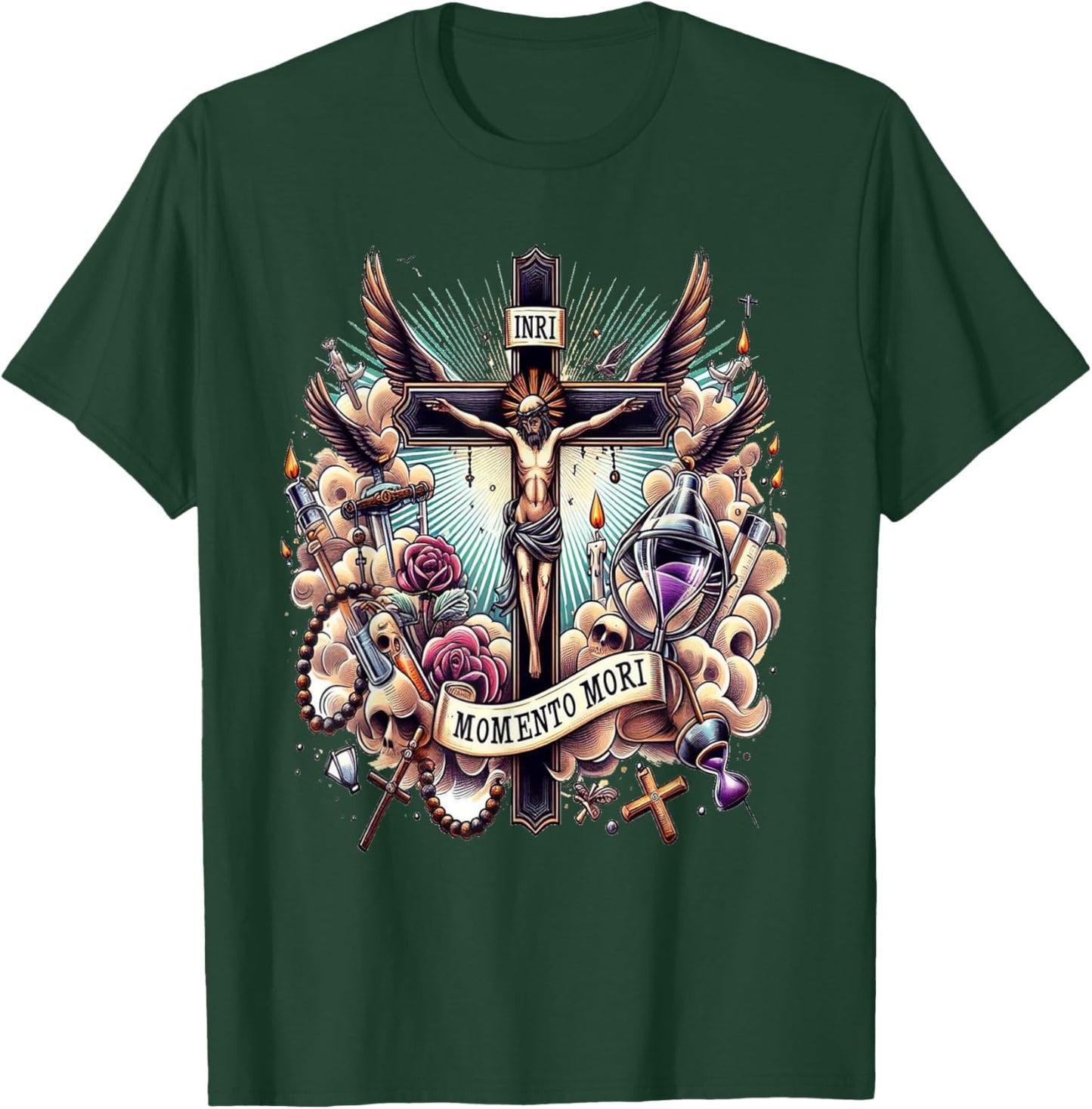 Memento Mori Catholic Crucifix Traditional Latin Mass Skull T-Shirt - T-Shirt | Forest