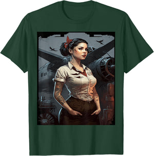 Strong Military Pinup Woman With Tattoos Airplane Retro Art T-Shirt - T-Shirt | Forest