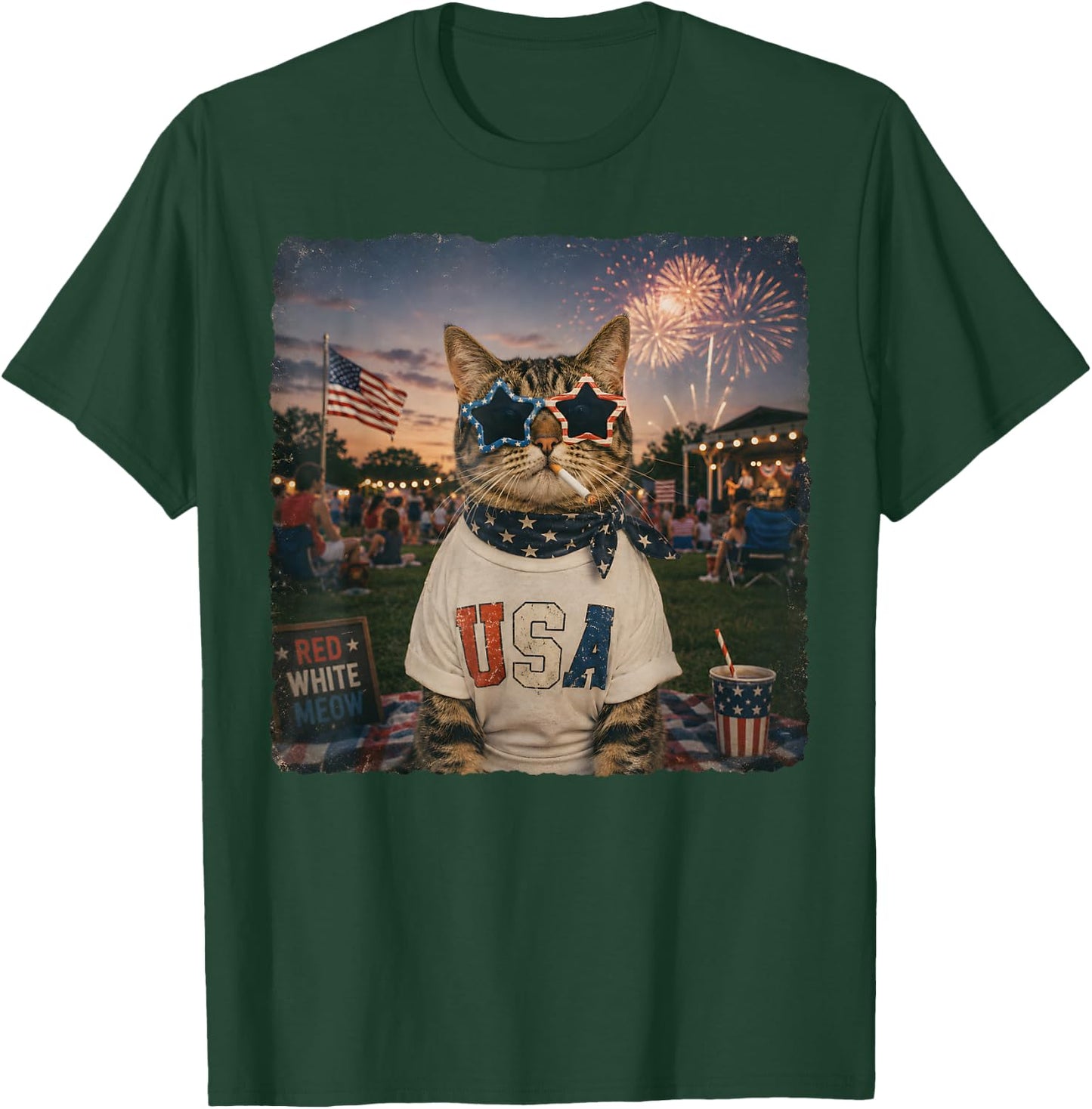Funny American Cat Smoking Sunglasses Meme Funny 4th of July T-Shirt - T-Shirt | Forest