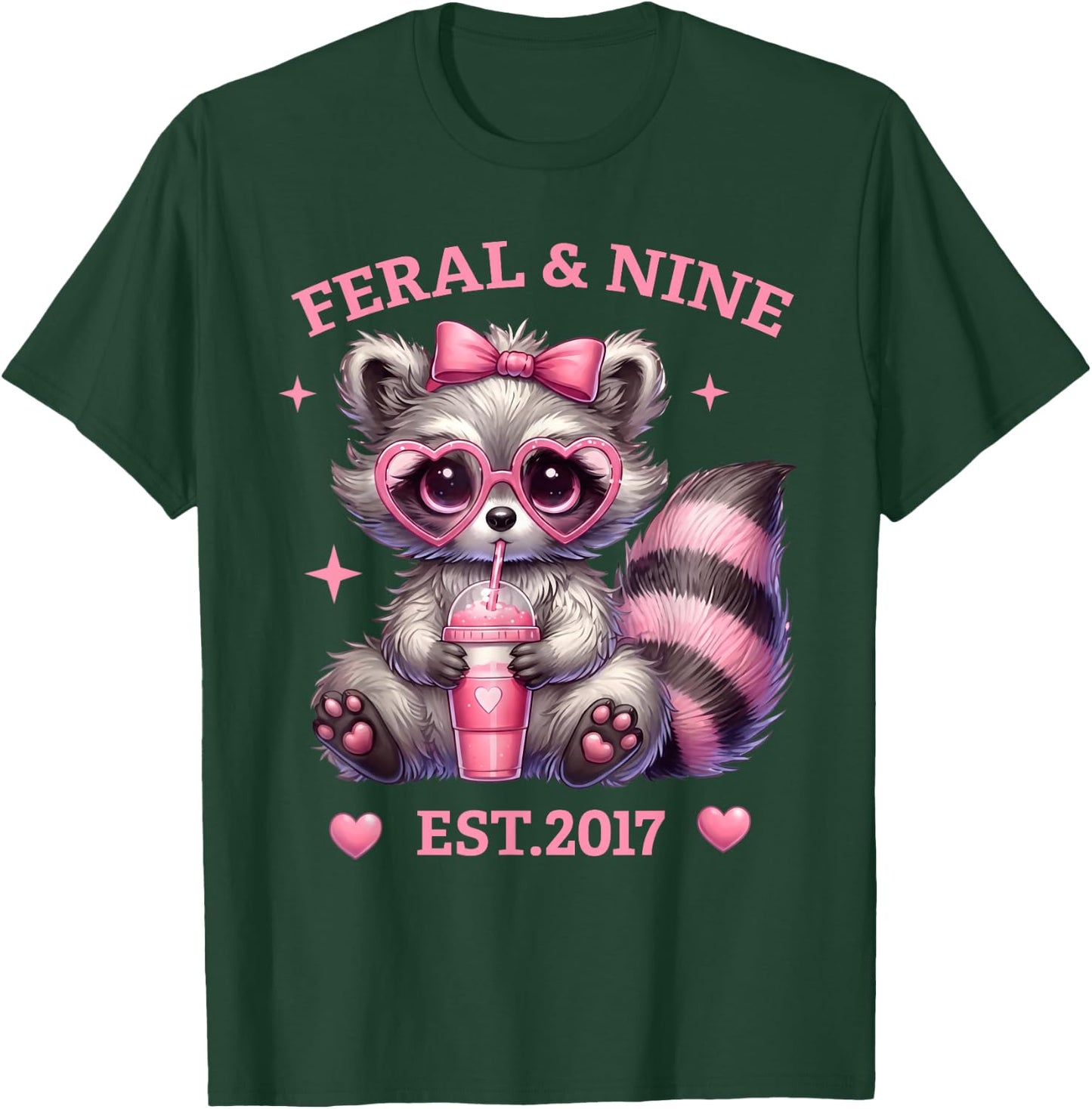Feral and Nine Est 2017 Pink Bow Cute Raccoon 9th Birthday T-Shirt - T-Shirt | Forest